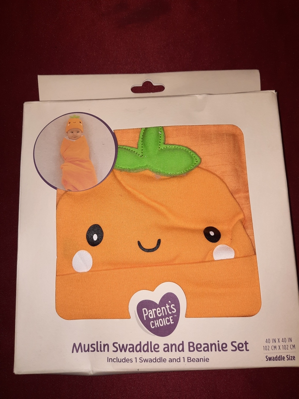Parent's Choice Orange Muslin Swaddle & Beanie Set